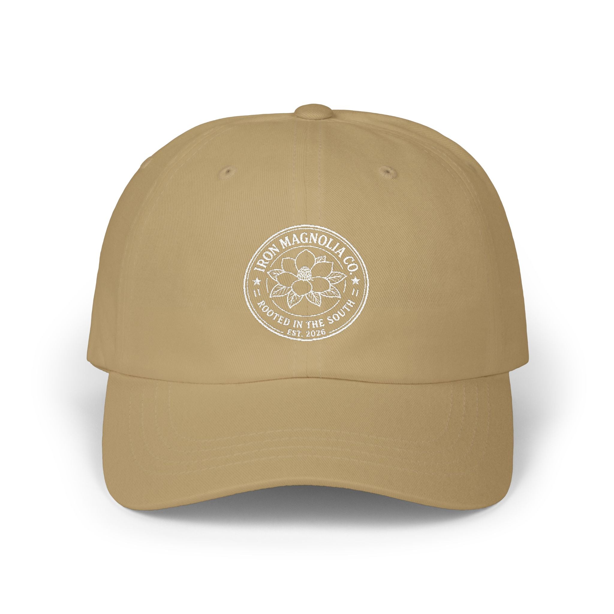 Camo 'Born Magnolia Co.' Dad Cap — Vintage Floral Logo Baseball Hat