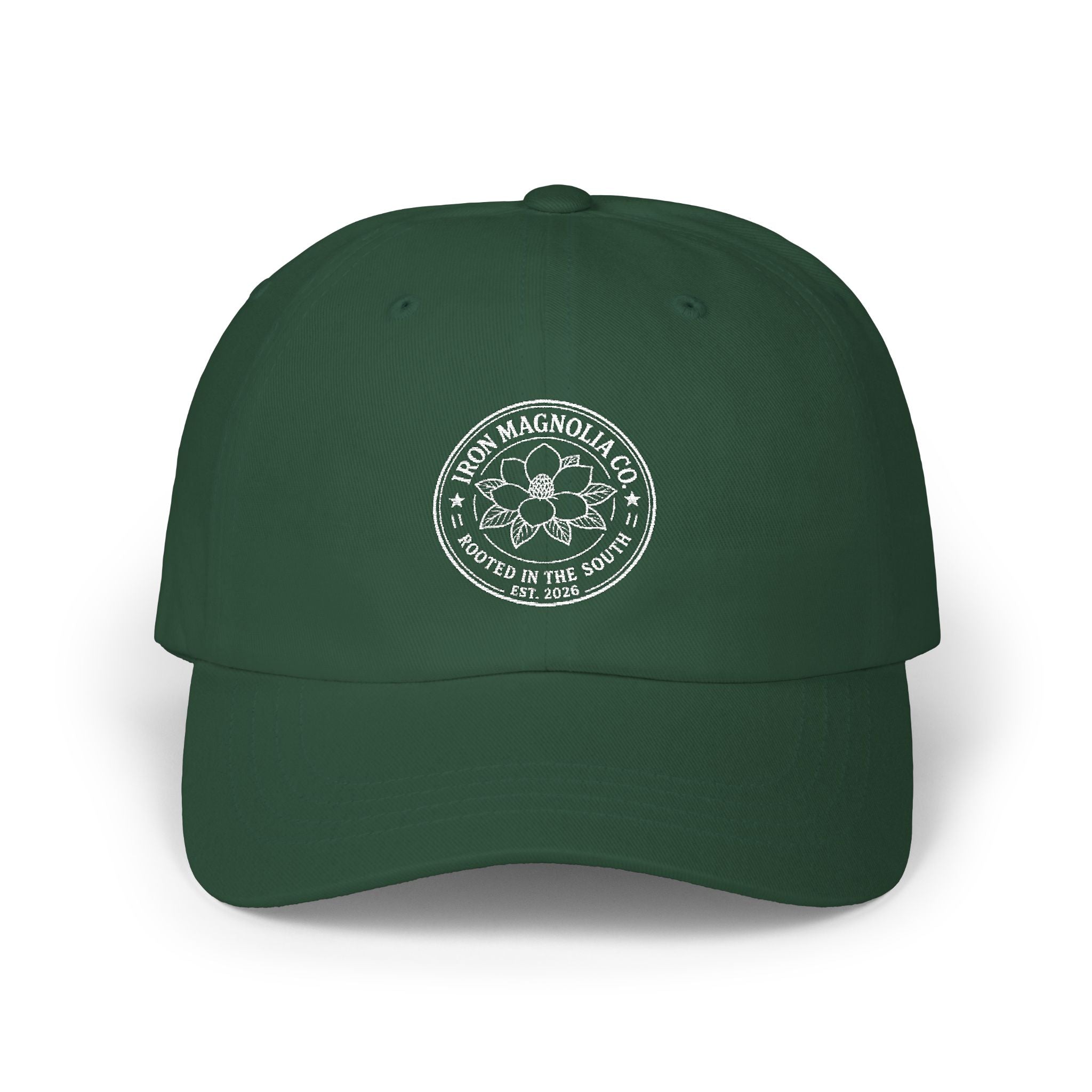 Camo 'Born Magnolia Co.' Dad Cap — Vintage Floral Logo Baseball Hat